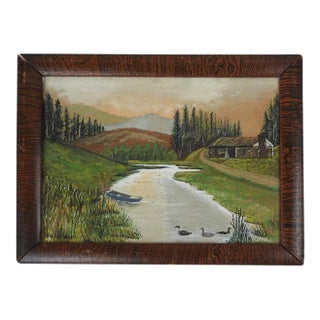 Vintage Rustic Folk Art Riverside Cabin Landscape Painting For Sale