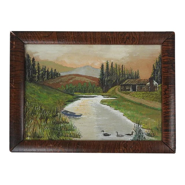 Vintage Rustic Folk Art Riverside Cabin Landscape Painting For Sale