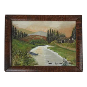 Vintage Rustic Folk Art Riverside Cabin Landscape Painting