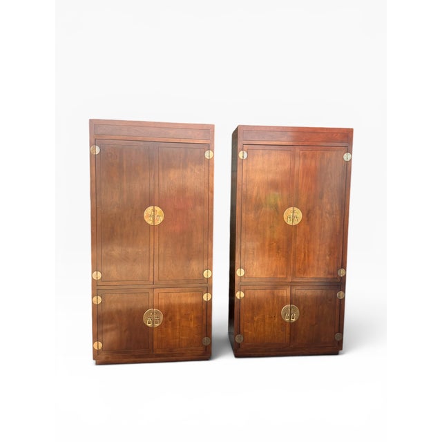 Late 20th Century Late 20th Century Pair of Henredon Scene One Campaign Walnut Armoires With Brass Hardware For Sale - Image 5 of 15
