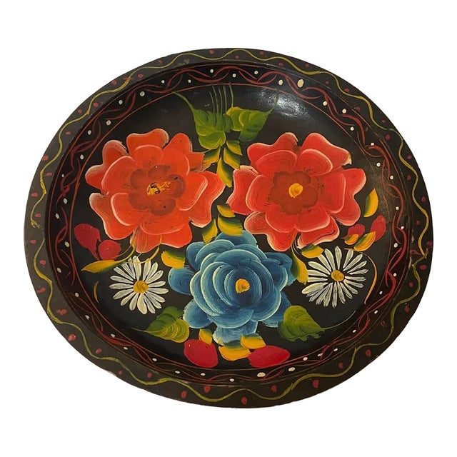Mid 20th Century Vintage Floral Mexican Batea Wooden Tray Bowl For Sale