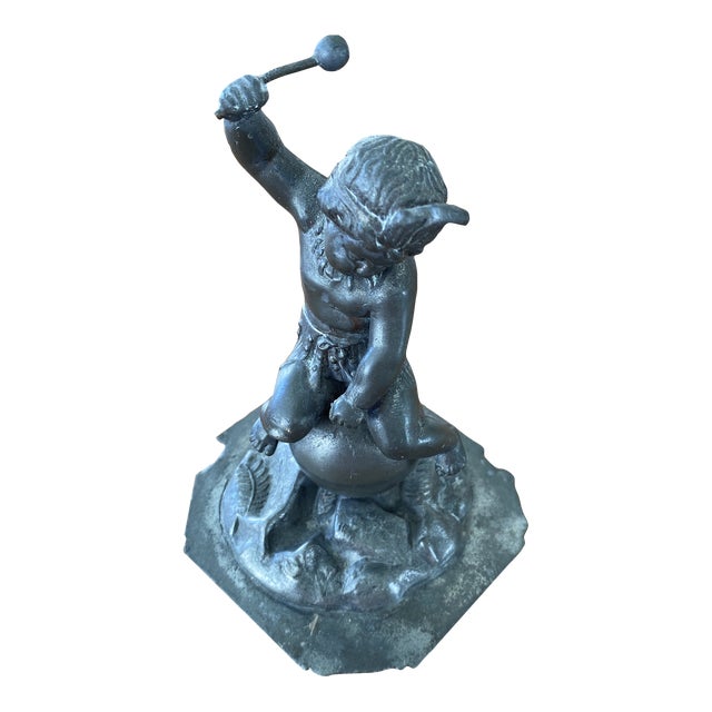 Metal Cherub With Mallet for Iron Forge Made in Silver Plate with Metal Patina For Sale