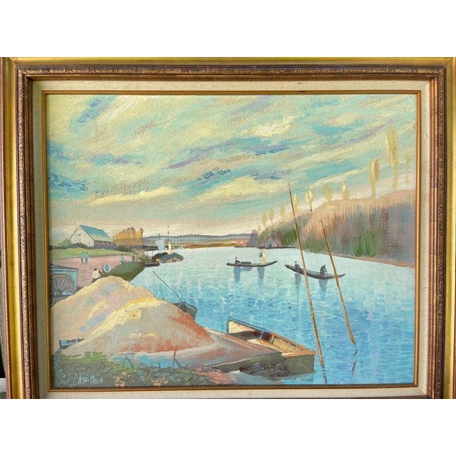 Mid 20th Century Signed Large Painting of a Waterfront Lake For Sale - Image 5 of 12