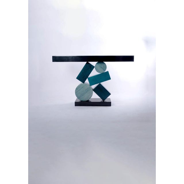 Equilibre Console in Blue and Black Tinded Marquetry by Aymeric Lefort For Sale - Image 13 of 18