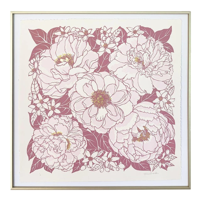 Pink Peonies Hand Silk-Screened Framed Art Print For Sale