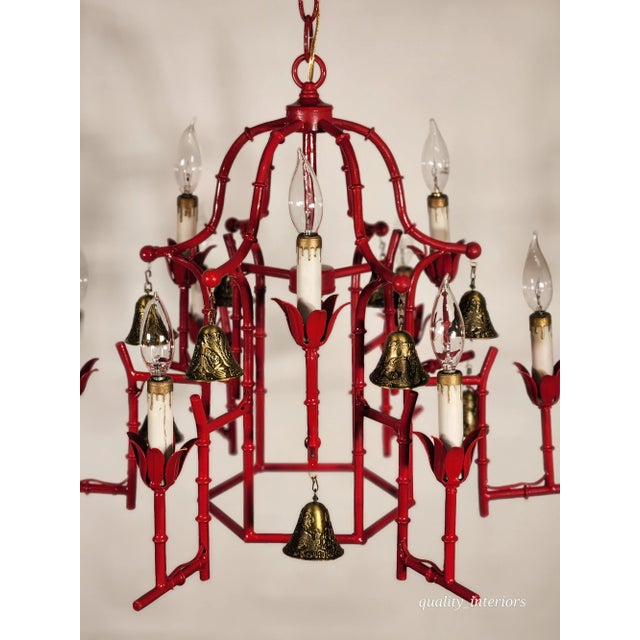 Red Faux Bamboo Pagoda Hollywood Regency Birdcage 9 Light Chandelier Brass Bells For Sale - Image 8 of 10