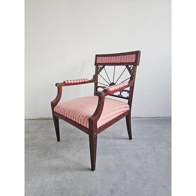 Antique French Empire Mahogany Armchair in Pink Striped Fabric, 1890s For Sale - Image 3 of 15