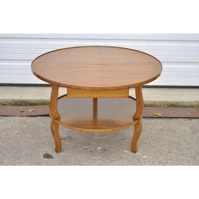 Vintage French Country Provincial Style Round Cherry Wood Occasional Side Table w/ Drawer. Item features nice cabriole...