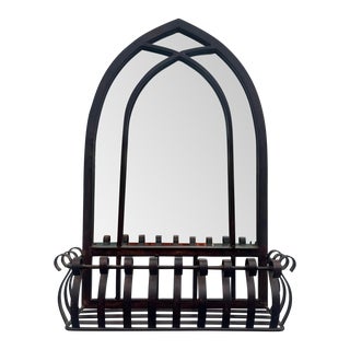 Beveled Glass Metal Gothic Wall Mirror With Caddy in Blackened Bronze For Sale