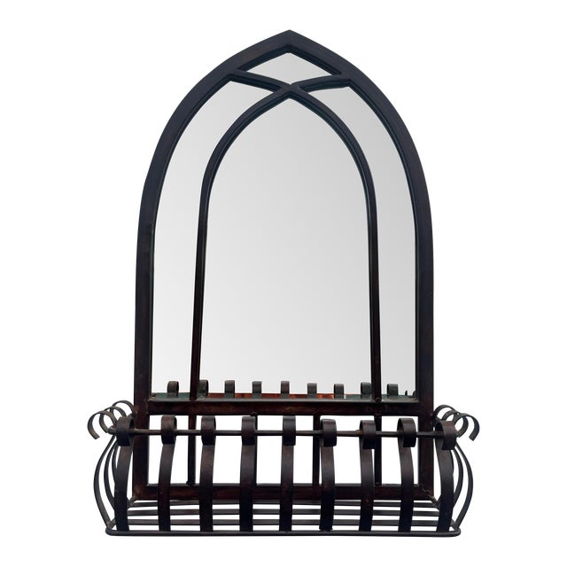 Blackened Bronze Cathedral Style Beveled Glass Wall Mirror and Caddy For Sale