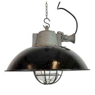Industrial Black Enamel and Cast Iron Cage Pendant Light from Elektrosvit, 1960s For Sale
