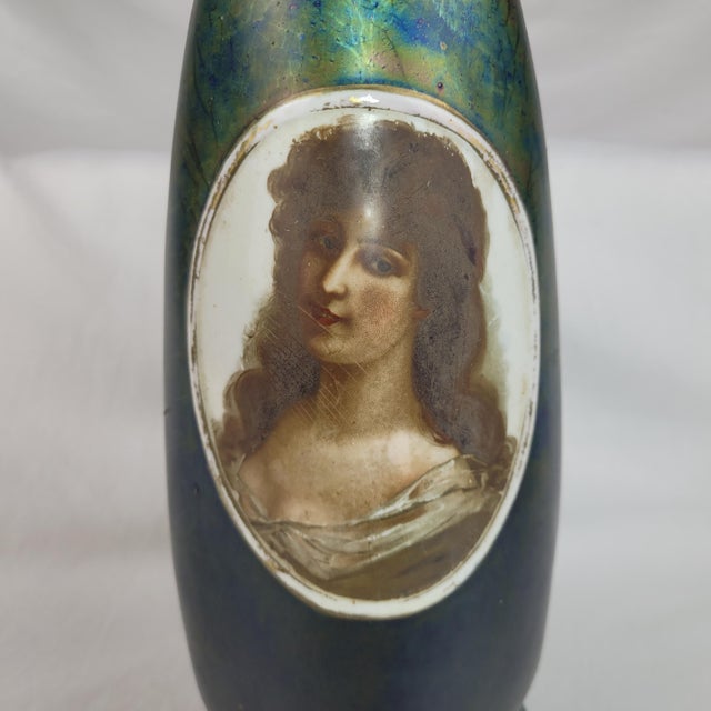 Early 20th Century Antique Iridescent Art Glass Vase Victorian Portrait Oil Slick Finish For Sale - Image 5 of 8