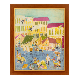 Illegibly Signed Street Scene Batik, 1976