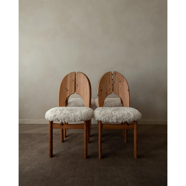 1970s Scandinavian Modern Pine Dining Chairs in Faux Sheepskin, 1970s, Set of 4 For Sale - Image 5 of 18