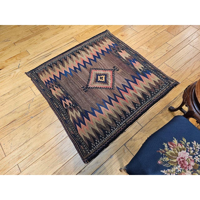 Antique Persian Qashqai Tribal Sofreh Kilim Rug, Handwoven Wool, Geometric Pattern, Brown, 4x4 For Sale - Image 13 of 13