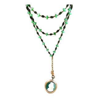 Vintage Victorian Gold Pocket Watch Locket, Green Cameo Woman, Long Art Glass Chain For Sale