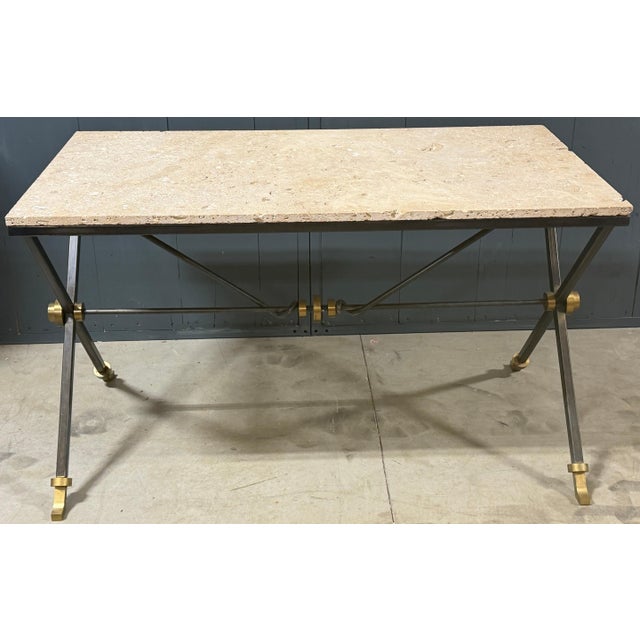 Metal Maison Jansen Iron & Brass Neoclassical Console Table Coquina Stone Top, 1970s For Sale - Image 7 of 13