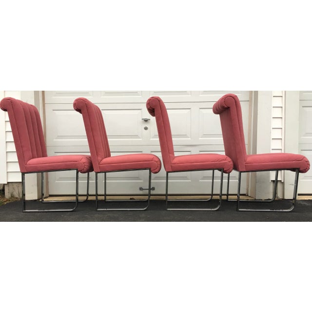 DIA - Design Institute America Modern Chrome and Pink Channel Back Dining Chairs, Design Institute America 1980 For Sale - Image 4 of 11