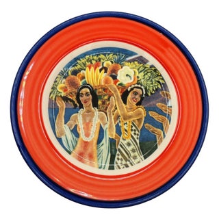 1980s 7.25" Eugene Savage "Island Feast" Red Salad Plate by Lynn Krantz Dish Books For Sale