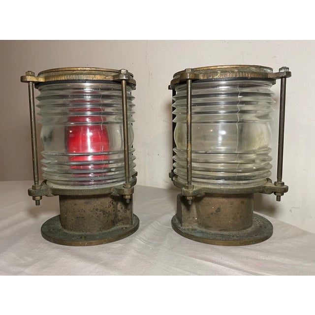 Antique Oceanic Solid Brass Glass Nautical Navigational Ship Deck Lamps - a Pair For Sale In New York - Image 6 of 12
