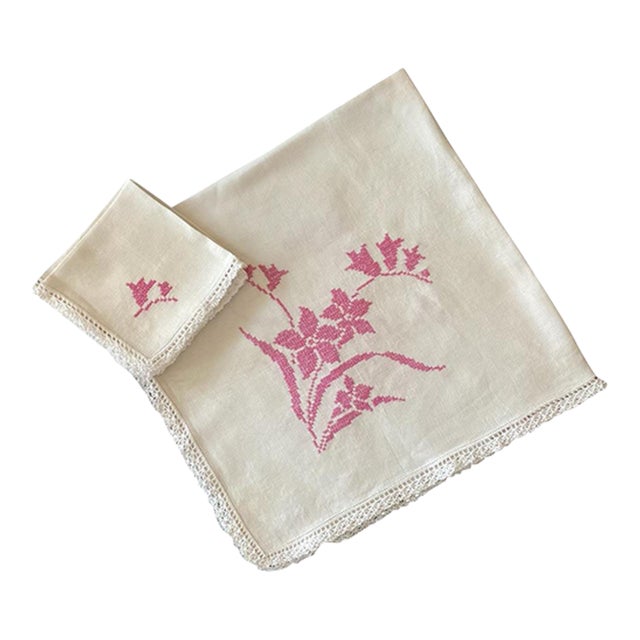 Antique Linen Embroidered Tablecloth With 4 Napkins, Set/5 For Sale