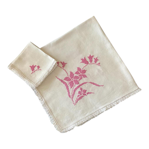Antique Linen Embroidered Tablecloth With 4 Napkins, Set/5
