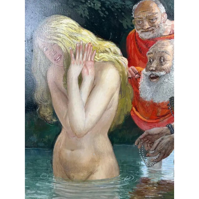 Figurative Mythological or Allegorical Scene W Bathing Female Figure Oil on Canvas, Framed 1980's For Sale - Image 3 of 16