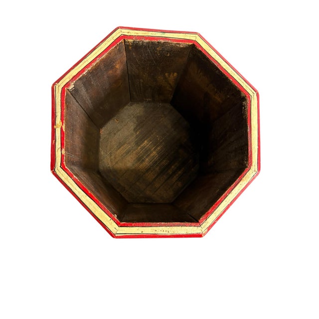 Wood 1950’s Vintage Red Floral Folk Art Wastebaskets- A Set of 2 For Sale - Image 7 of 12