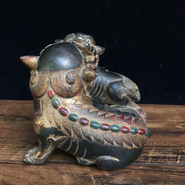 Bronze Pair of Antique Gilt Bronze Guardian Lions – 4.3" Foo Dogs With Stone Inlay For Sale - Image 8 of 8