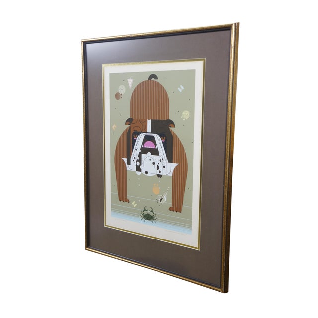 Vintage Charley Harper serigraph print titled "Claws" depicting a multicolor brown bulldog confronting a crab on a...