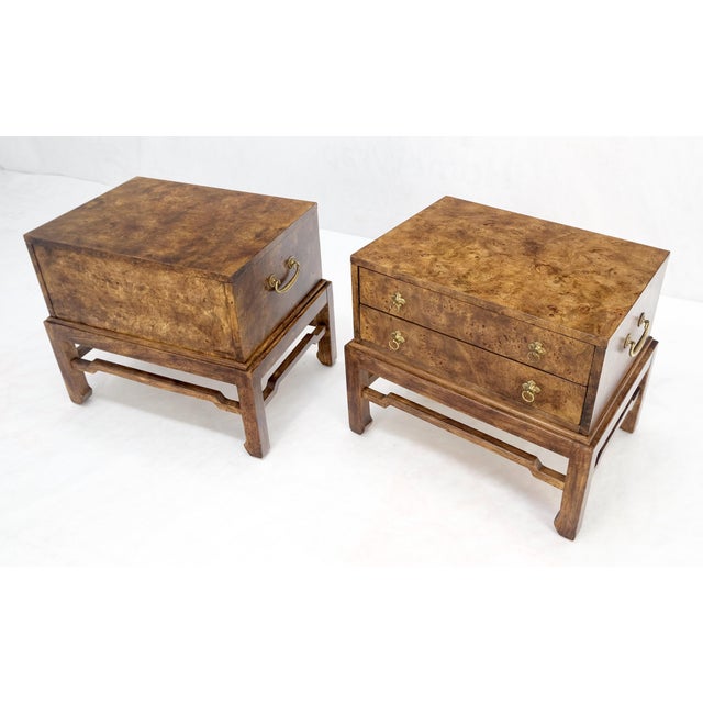 Mid 20th Century Pair of Burl Asian Campaign Fusion 2 Drawer Night Stands End Table Brass Pulls For Sale - Image 5 of 15
