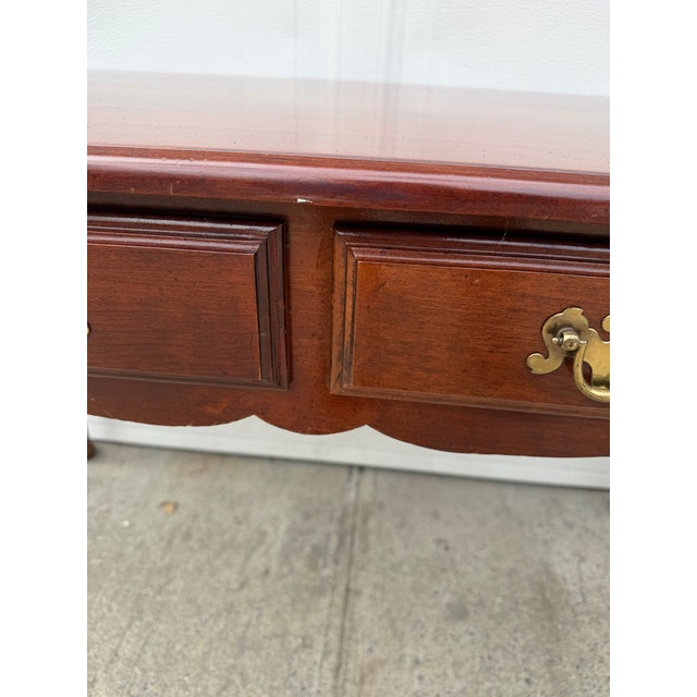 Vintage Bassett Queen Anne Style Cherry Wood Console Table With Cabriole Legs and Brass Hardware For Sale - Image 10 of 12