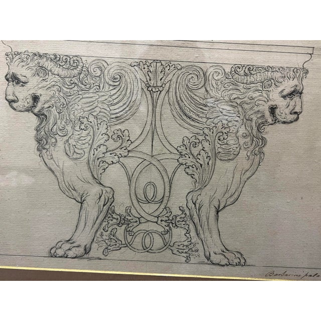 An early 18th or 19th century architectural concept drawing of opposing lions with marble top likely as a console table....