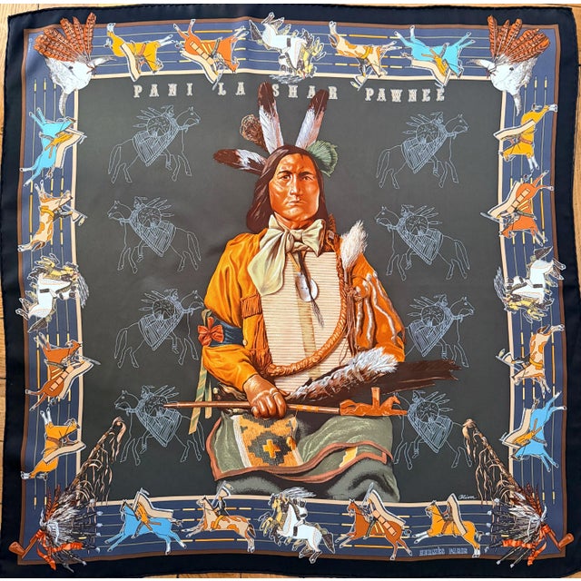 2000 - 2009 HERMÈS PANI la SHAR Pawnee Silk Scarf 26x26 inches 2005 designed by Kermit Oliver For Sale - Image 5 of 10