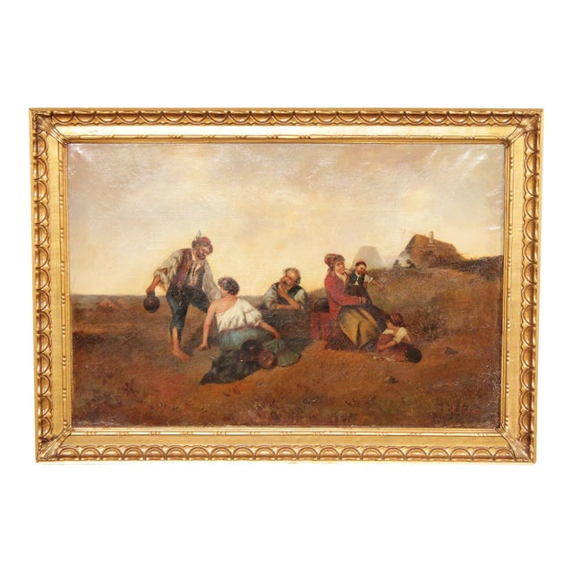 Antique 19th C. Hungarian Countryside Festive Scene Oil on Canvas, After Ferencz Szabo For Sale