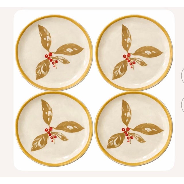 Contemporary Creative Co Op Botanical Leaf and Berry Accent Plates. Ochre Rim - Set of 4 For Sale - Image 3 of 3