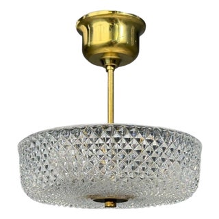 1960s Carl Fagerlund Style, Pendant Light, Brass, Textured Glass, Sweden For Sale