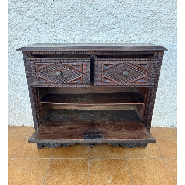 19th Century Spanish Renaissance Carved Cabinet with Drop-Front Door and Two Drawers, 1880s For Sale - Image 5 of 17