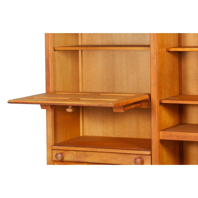 Guillerme Et Chambron Oak Secretary Desk Bookcase, France Circa 1960 For Sale - Image 12 of 16