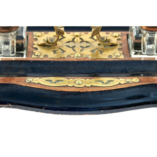 Antique Victorian Walnut & Ebonised Brass Mounted Inkstand, 1860 For Sale - Image 4 of 8