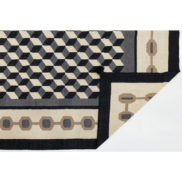 Native American Modernist Navajo Style Geometric Flatweave Wool Rug With Optical Cube Pattern For Sale - Image 3 of 12