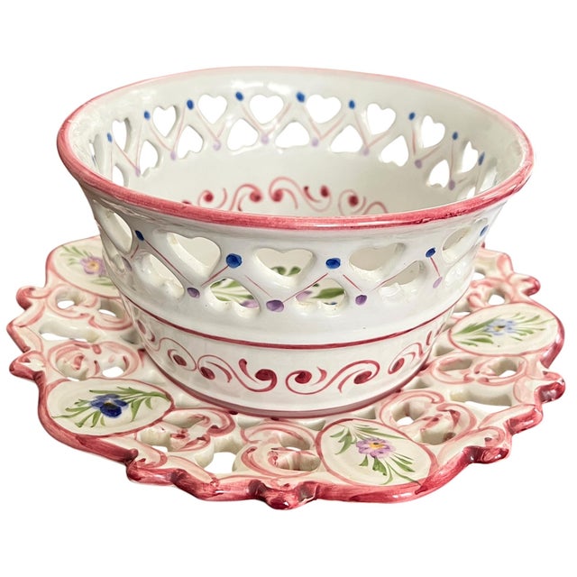 Charming vintage hand-painted cachepot with matching reticulated underplate, crafted in Portugal in a style reminiscent of...