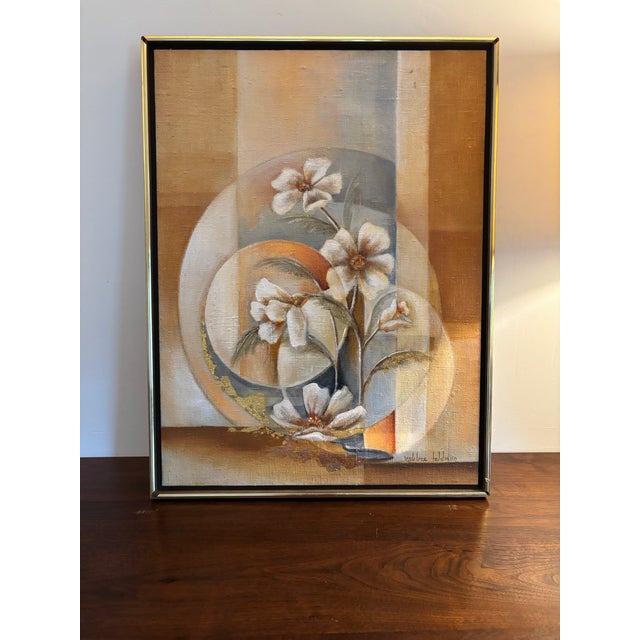 Original Oriental Style Floral Painting With Gold Leaf, Dated 1981 Signed For Sale - Image 11 of 15