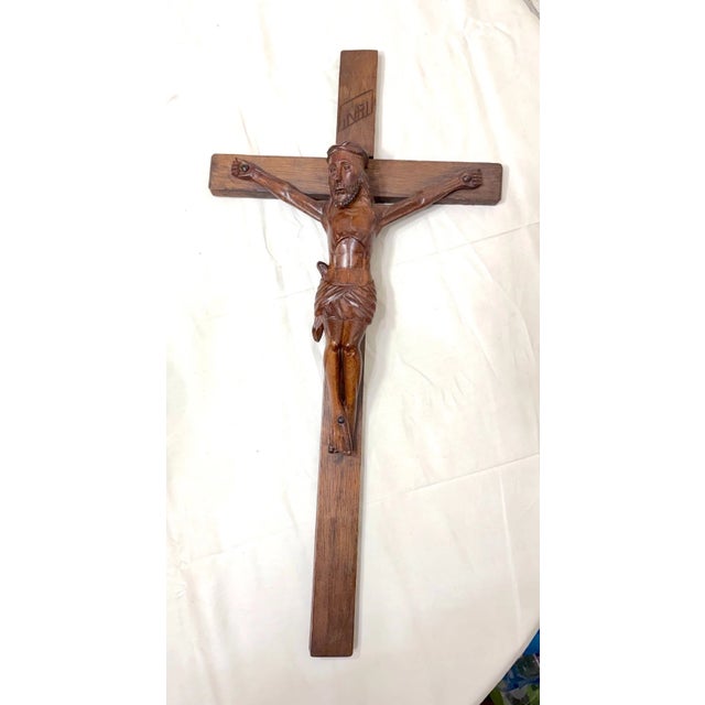 Religious Big Antique Hand Carved Wood Religious Jesus Christ Crucifix Cross Sculpture God For Sale - Image 3 of 11