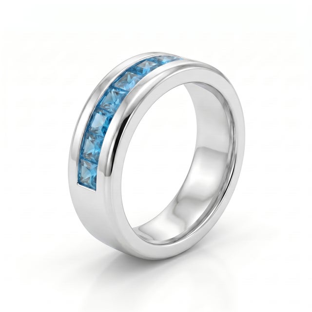 Contemporary Swiss Blue Topaz Engagement Ring • Channel Set Stacking December Birthstone Ring Us 7 For Sale - Image 3 of 4