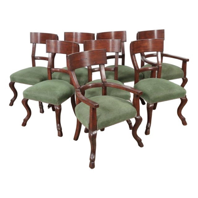 1930s 8 Regency Style English Mahogany Cloven Hoof Footed Dining Chairs For Sale