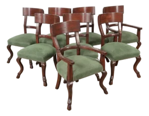 1930s 8 Regency Style English Mahogany Cloven Hoof Footed Dining Chairs