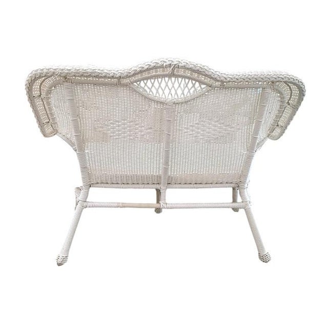 Henry Link Vintage White Wicker Outdoor Settee With Blue Stripe Cushion For Sale In West Palm - Image 6 of 8