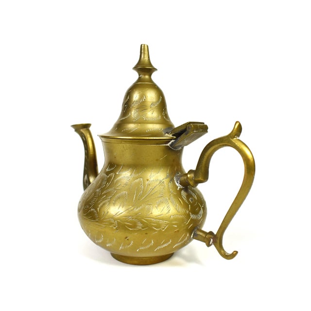 Vintage Handmade Floral Engraving Design Brass Teapot For Sale - Image 4 of 8