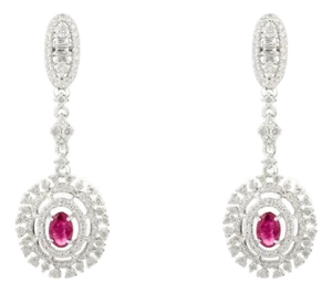 14k White Gold Art Deco Ruby & Diamond Halo Drop Earrings- 2 Pieces